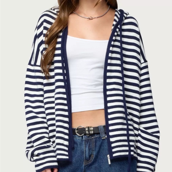 Striped Navy and White Knit Hoodie - Picture 7 of 8
